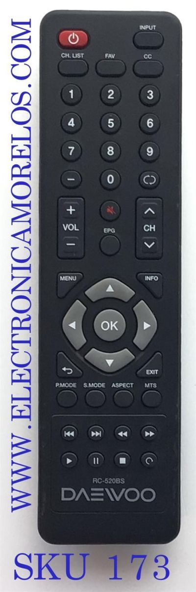 CONTROL REMOTO PARA TV DAEWOO / NUMERO DE PARTE RC-520BS / MODELO RC-520BS